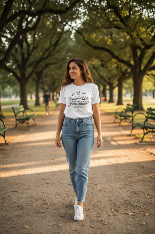 Imagine Life’s Possibilities Inspirational Tee — Botanical Script Graphic Tee