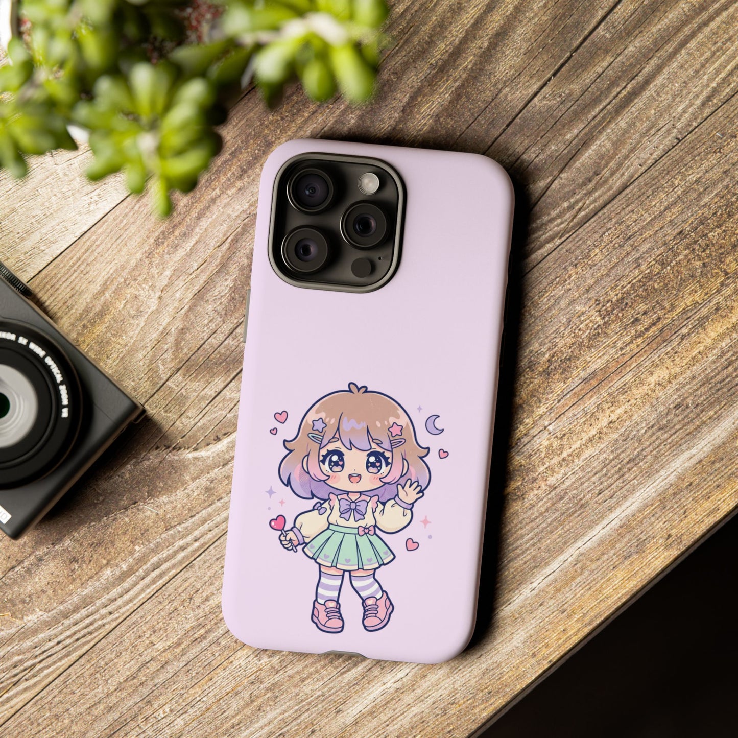 Cute Kawaii Girl Phone Case — Pastel Anime iPhone Cover with Hearts & Moon