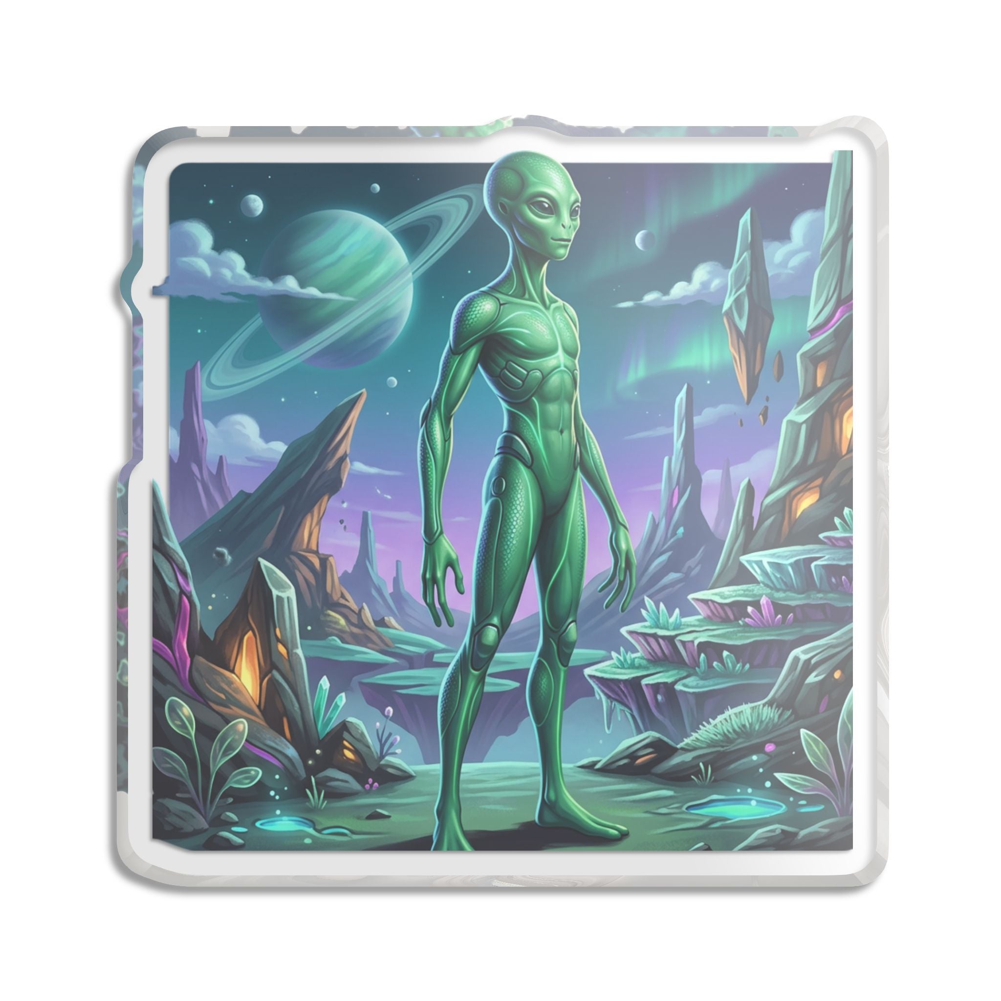 Alien Landscape Sticker — Green Extraterrestrial on Cosmic Planet