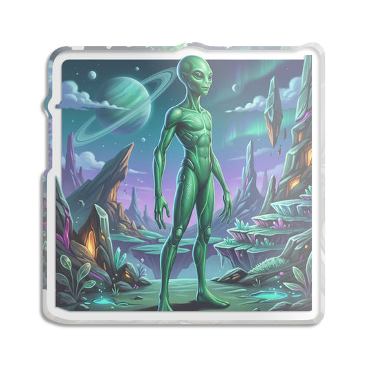 Alien Landscape Sticker — Green Extraterrestrial on Cosmic Planet
