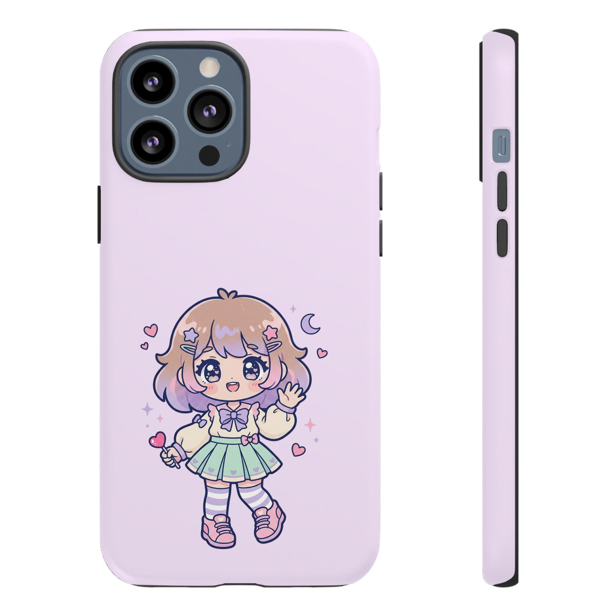 Cute Kawaii Girl Phone Case — Pastel Anime iPhone Cover with Hearts & Moon
