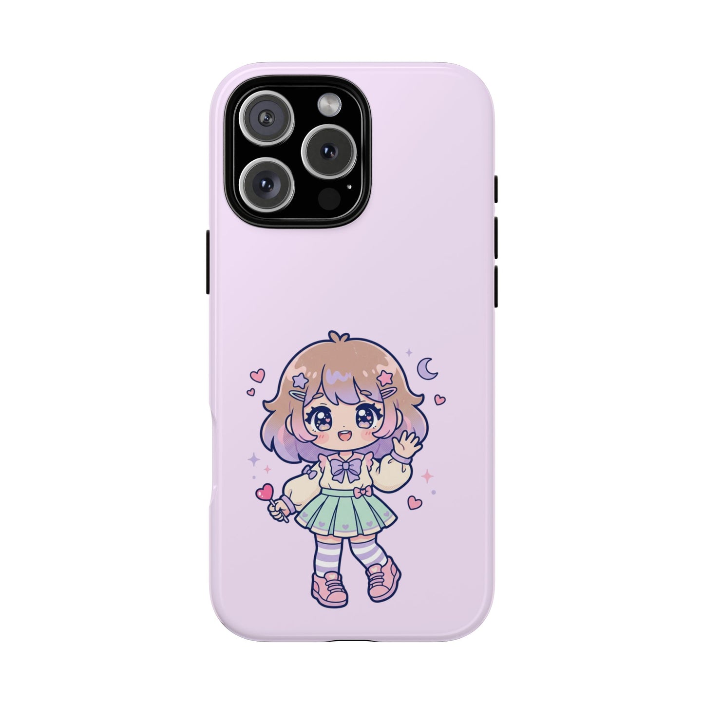 Cute Kawaii Girl Phone Case — Pastel Anime iPhone Cover with Hearts & Moon