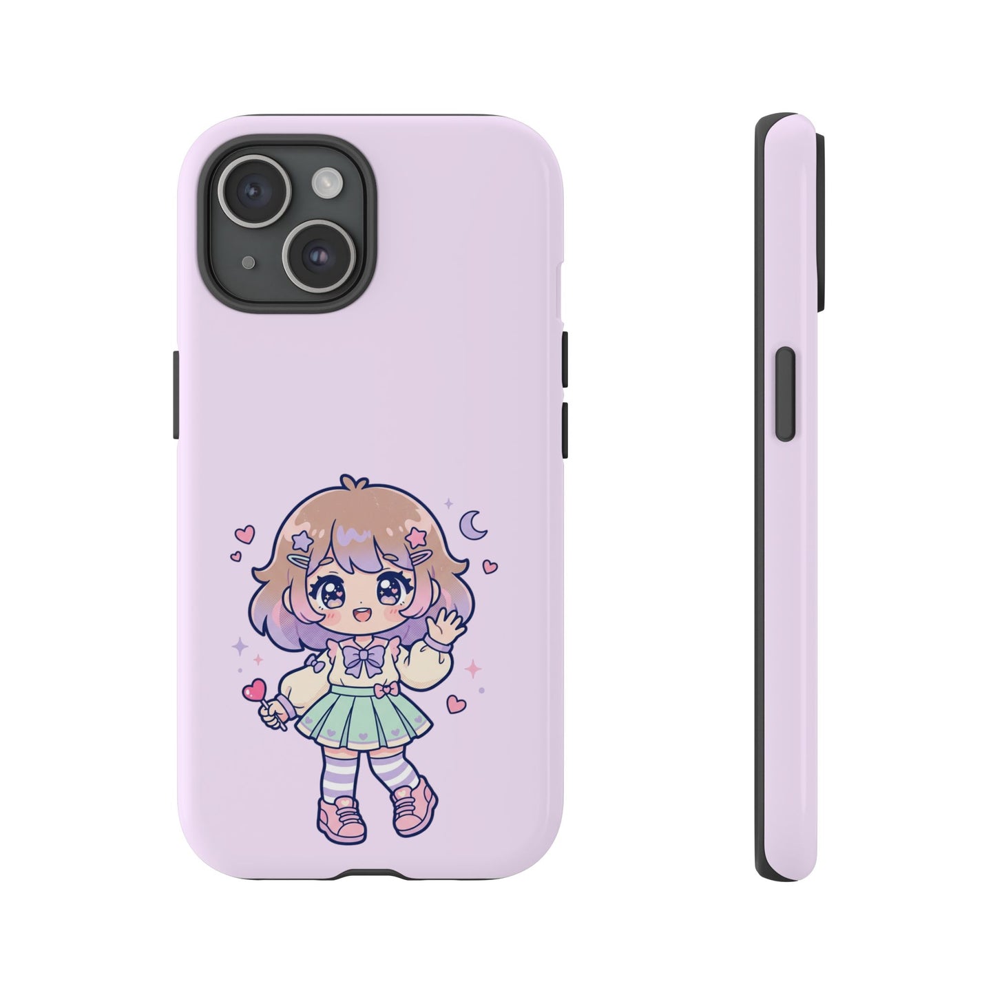 Cute Kawaii Girl Phone Case — Pastel Anime iPhone Cover with Hearts & Moon