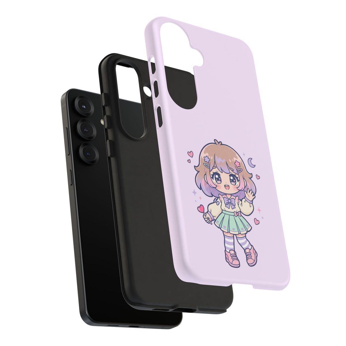 Cute Kawaii Girl Phone Case — Pastel Anime iPhone Cover with Hearts & Moon