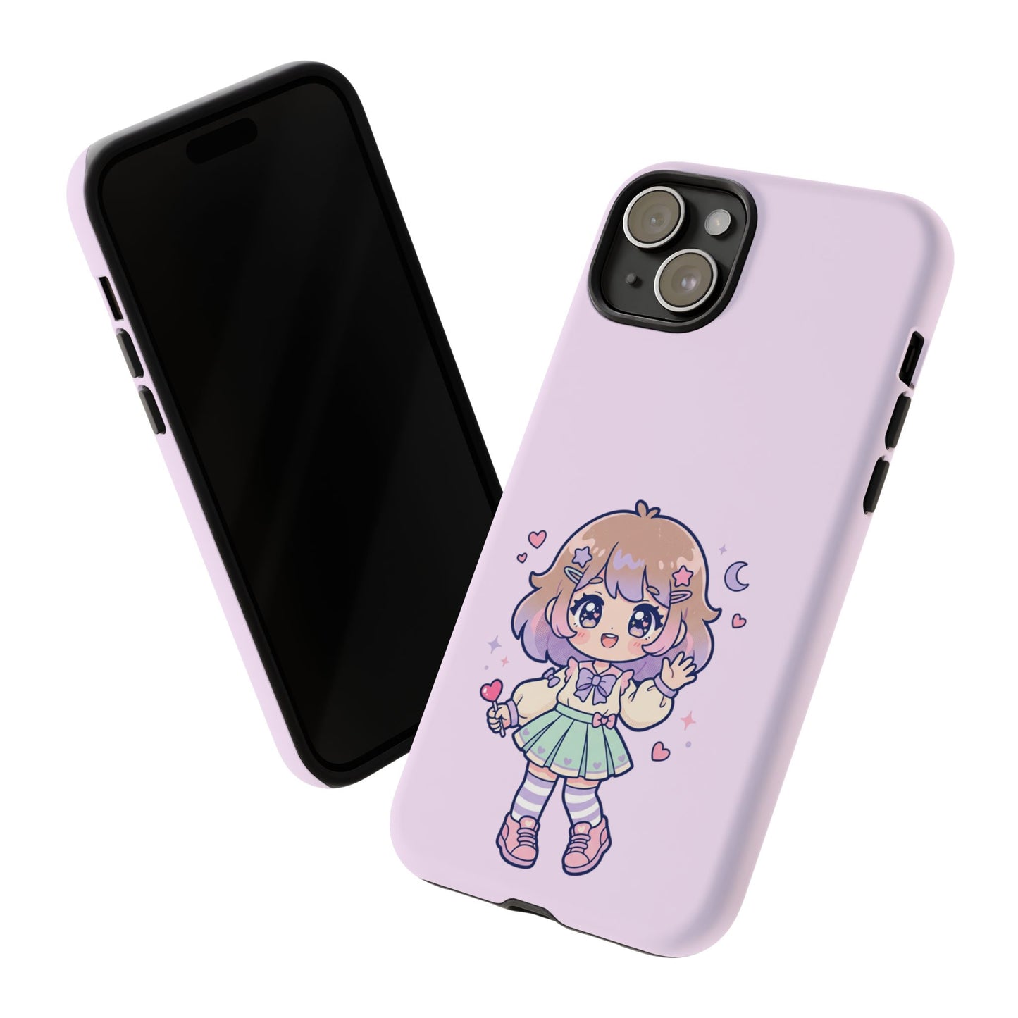 Cute Kawaii Girl Phone Case — Pastel Anime iPhone Cover with Hearts & Moon