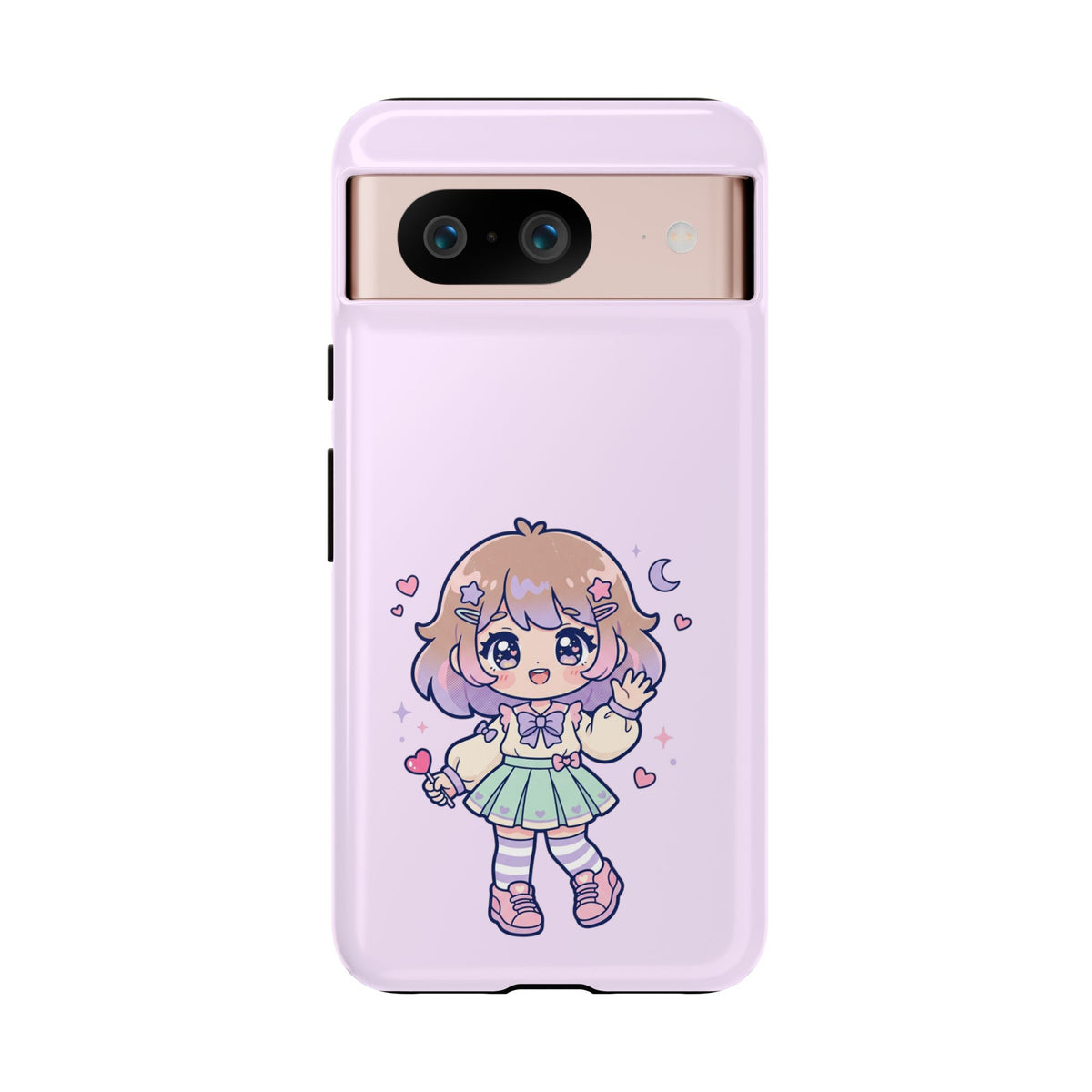 Cute Kawaii Girl Phone Case — Pastel Anime iPhone Cover with Hearts & Moon