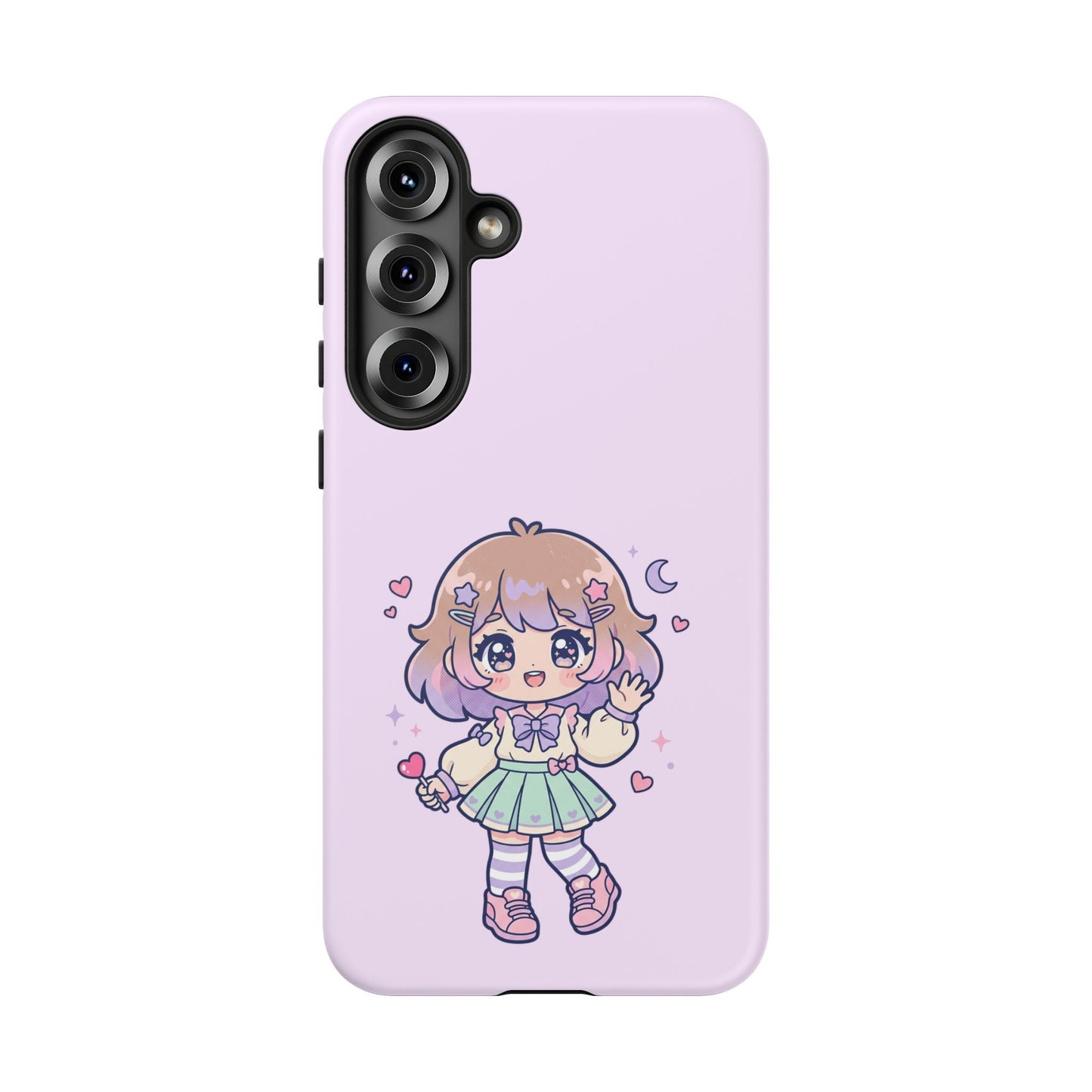 Cute Kawaii Girl Phone Case — Pastel Anime iPhone Cover with Hearts & Moon
