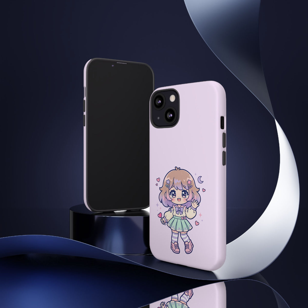 Cute Kawaii Girl Phone Case — Pastel Anime iPhone Cover with Hearts & Moon