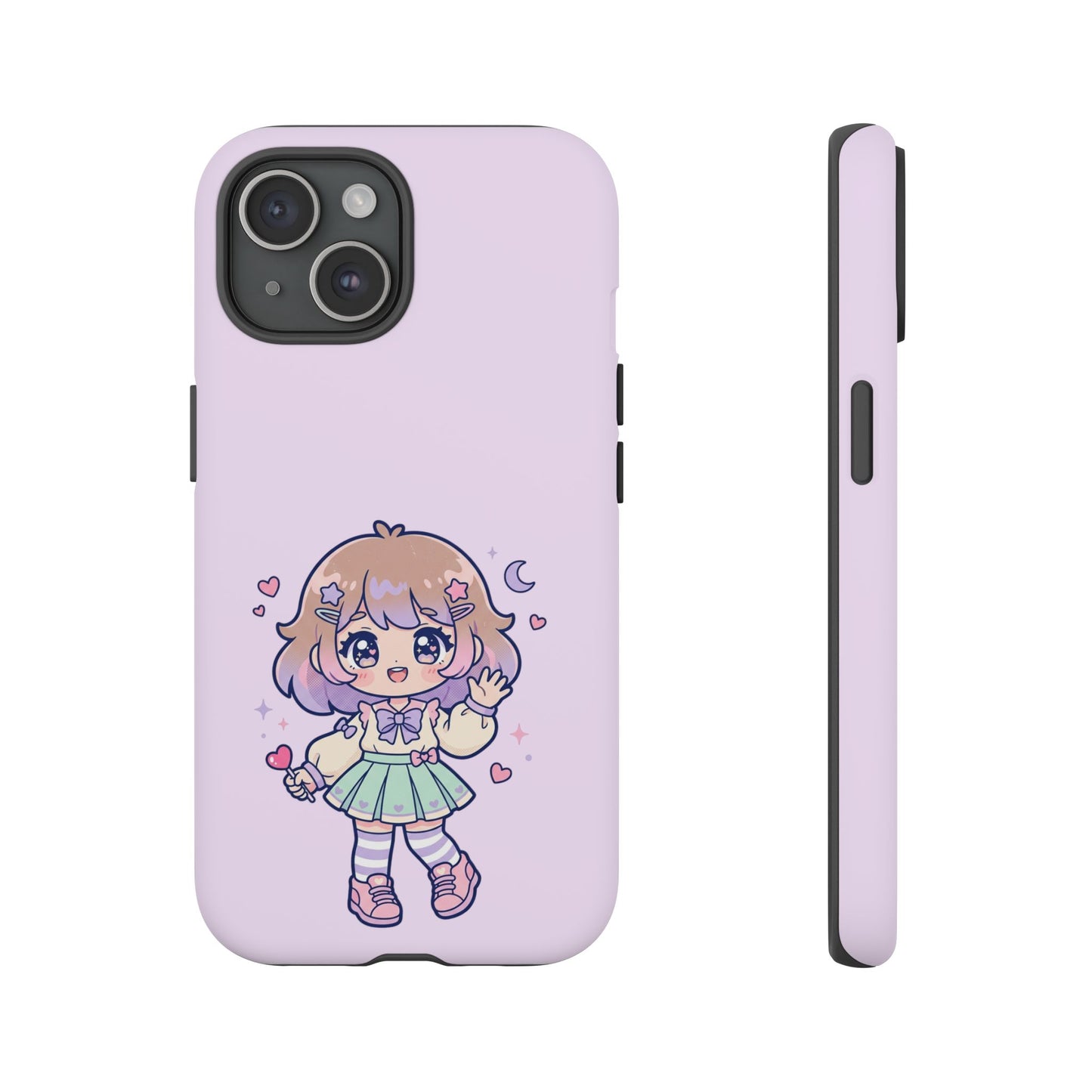 Cute Kawaii Girl Phone Case — Pastel Anime iPhone Cover with Hearts & Moon