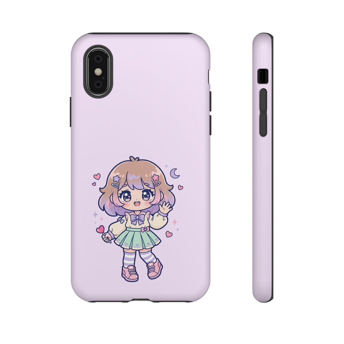 Cute Kawaii Girl Phone Case — Pastel Anime iPhone Cover with Hearts & Moon