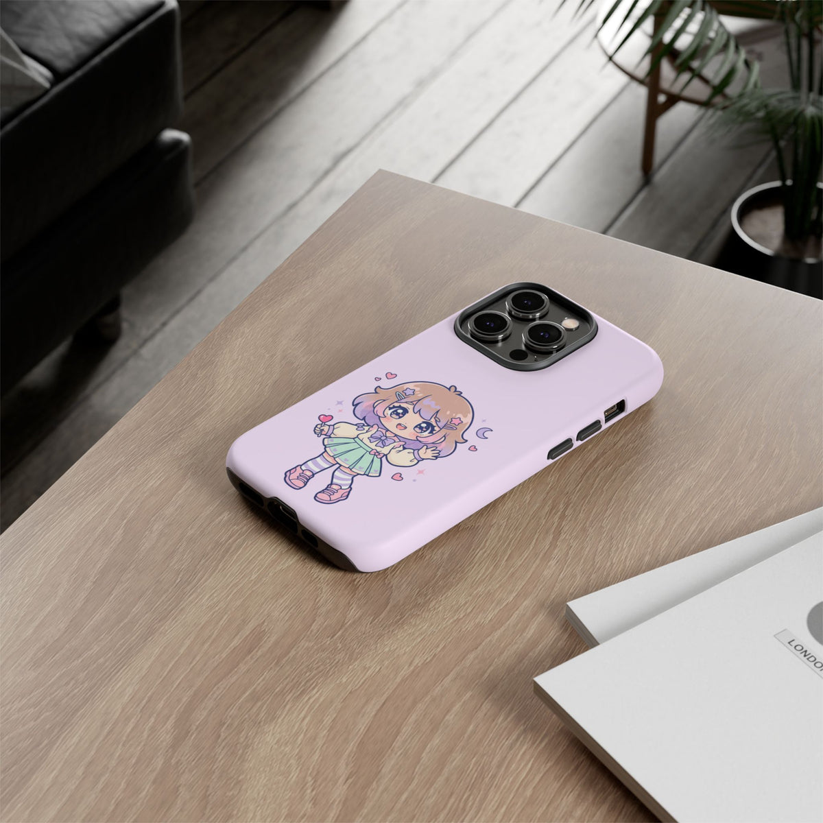 Cute Kawaii Girl Phone Case — Pastel Anime iPhone Cover with Hearts & Moon