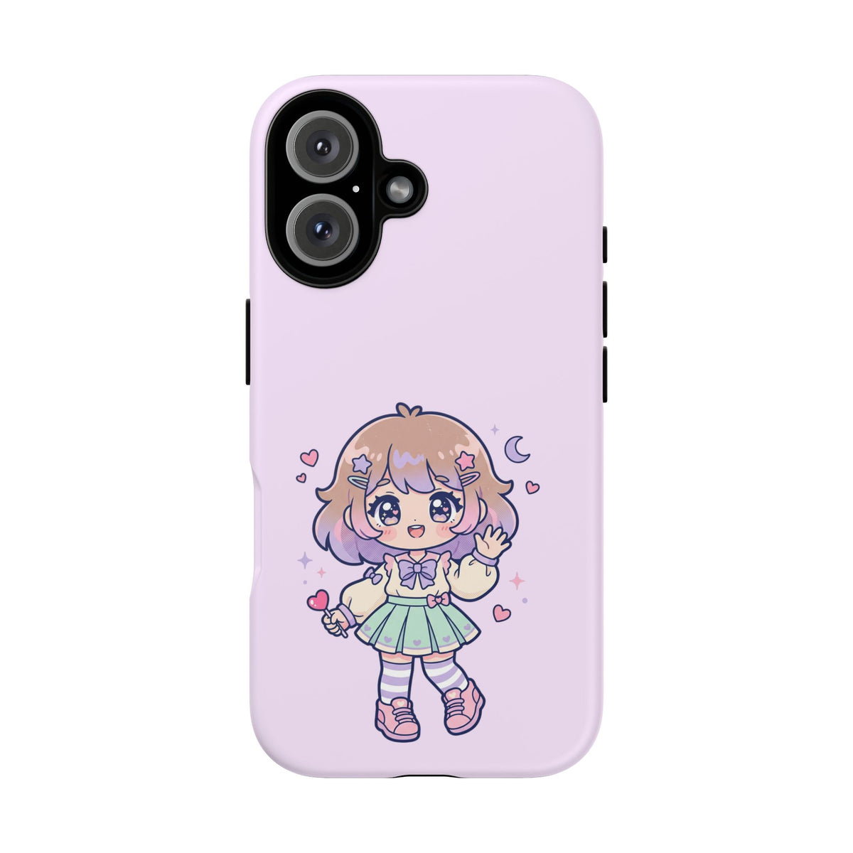 Cute Kawaii Girl Phone Case — Pastel Anime iPhone Cover with Hearts & Moon