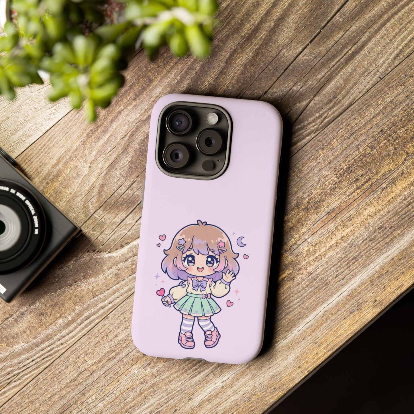 Cute Kawaii Girl Phone Case — Pastel Anime iPhone Cover with Hearts & Moon