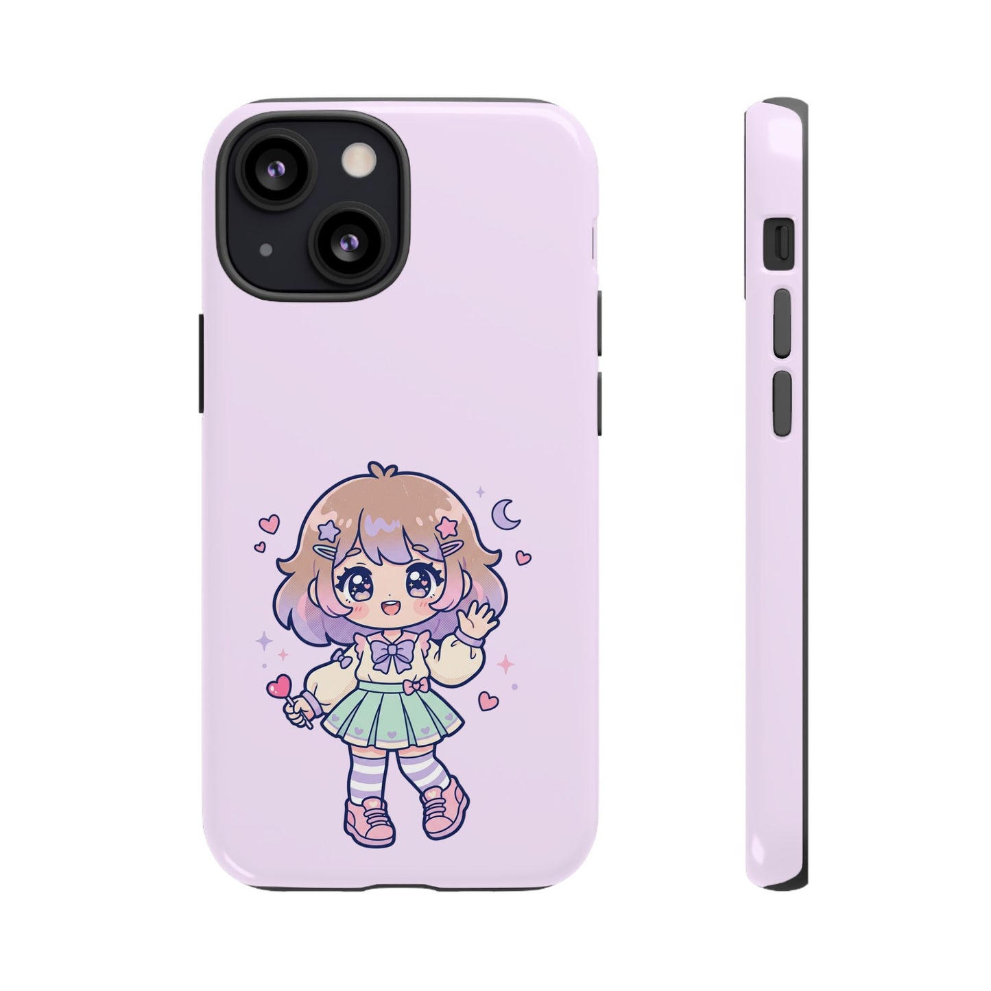 Cute Kawaii Girl Phone Case — Pastel Anime iPhone Cover with Hearts & Moon