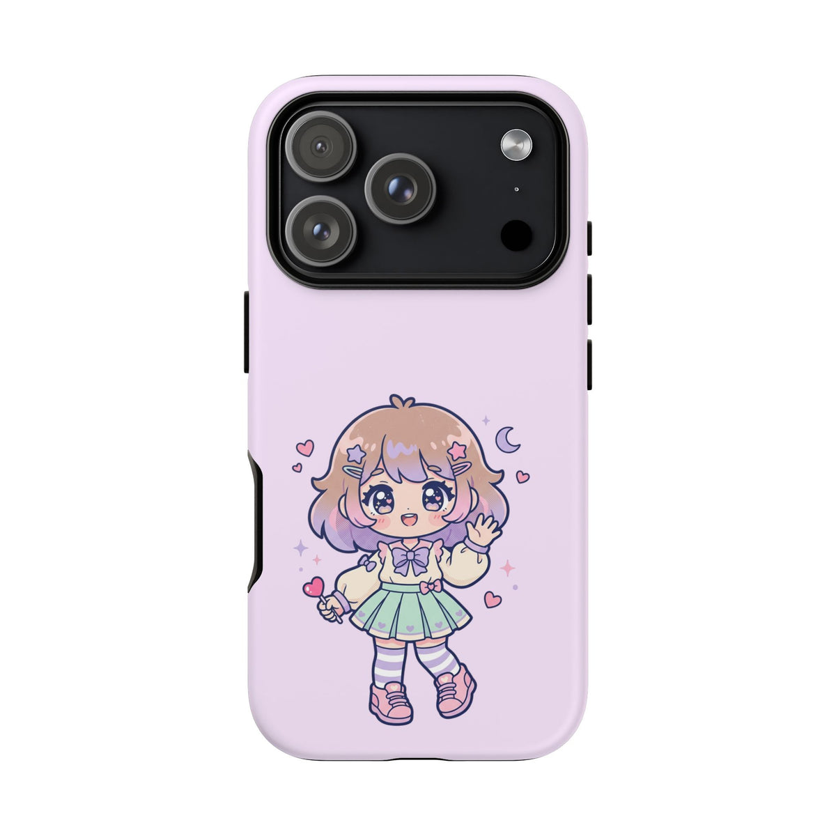 Cute Kawaii Girl Phone Case — Pastel Anime iPhone Cover with Hearts & Moon