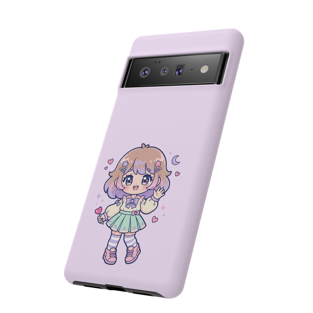 Cute Kawaii Girl Phone Case — Pastel Anime iPhone Cover with Hearts & Moon