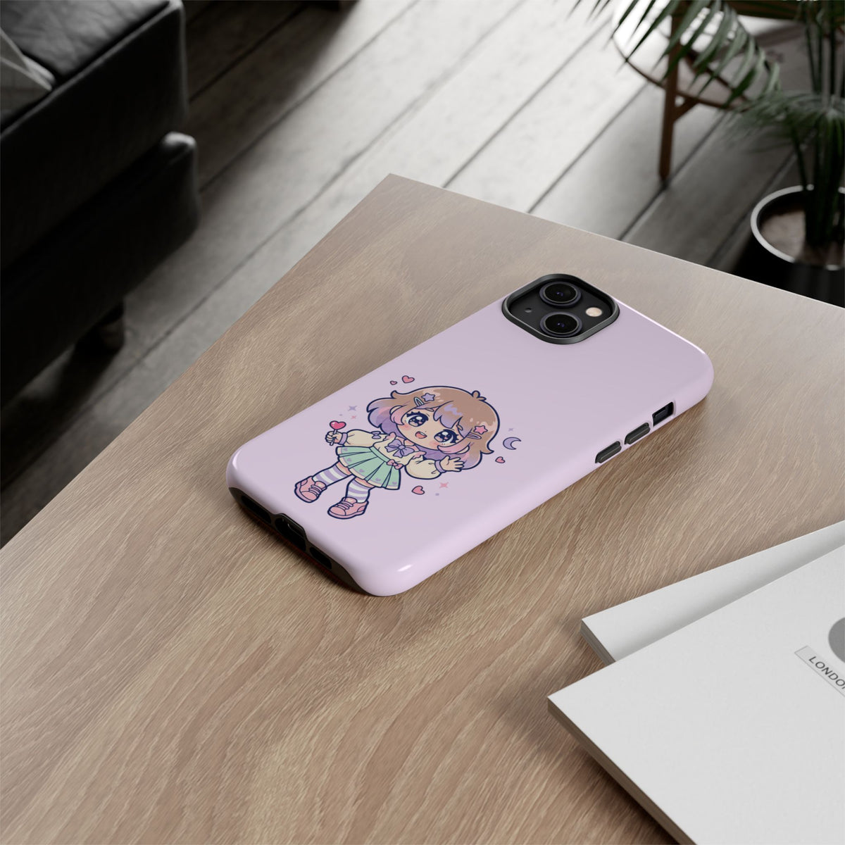 Cute Kawaii Girl Phone Case — Pastel Anime iPhone Cover with Hearts & Moon