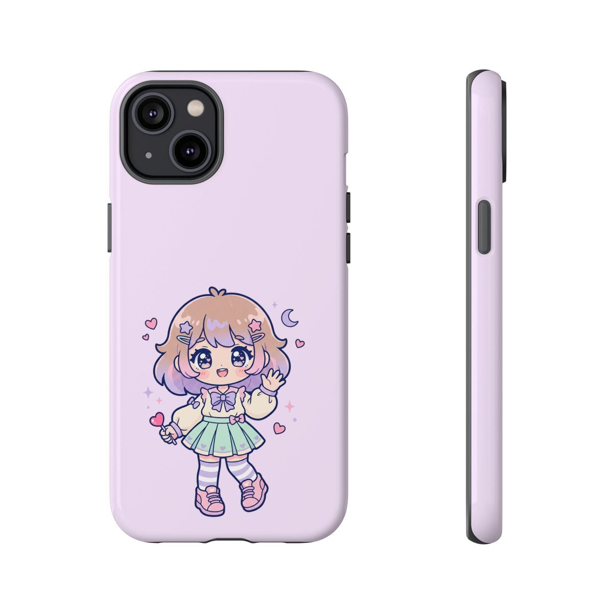 Cute Kawaii Girl Phone Case — Pastel Anime iPhone Cover with Hearts & Moon