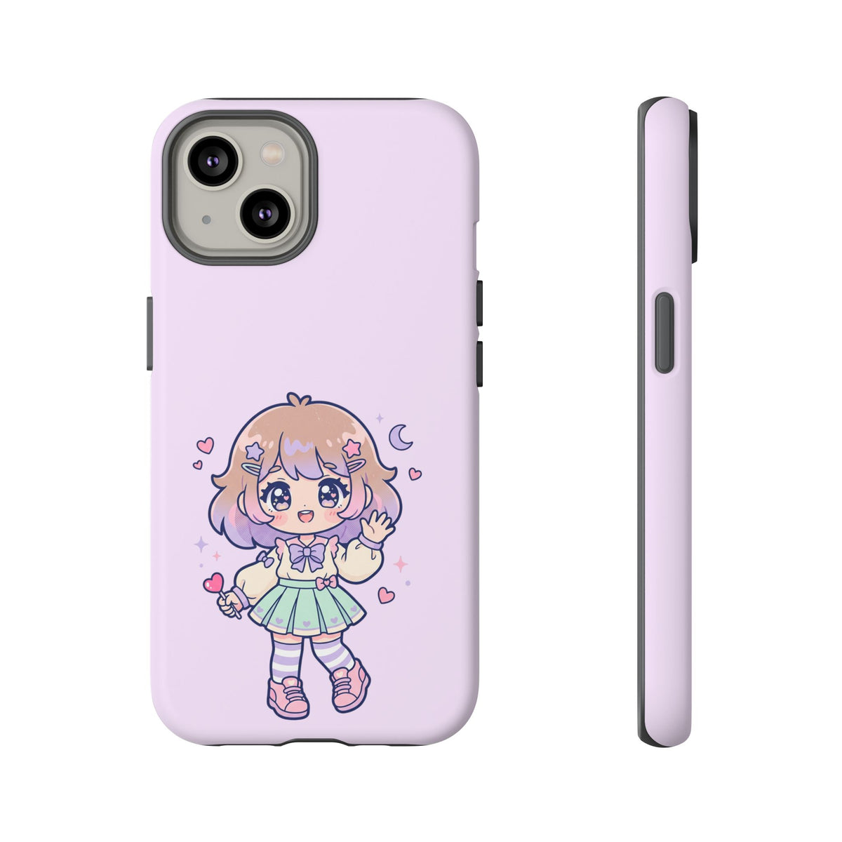 Cute Kawaii Girl Phone Case — Pastel Anime iPhone Cover with Hearts & Moon