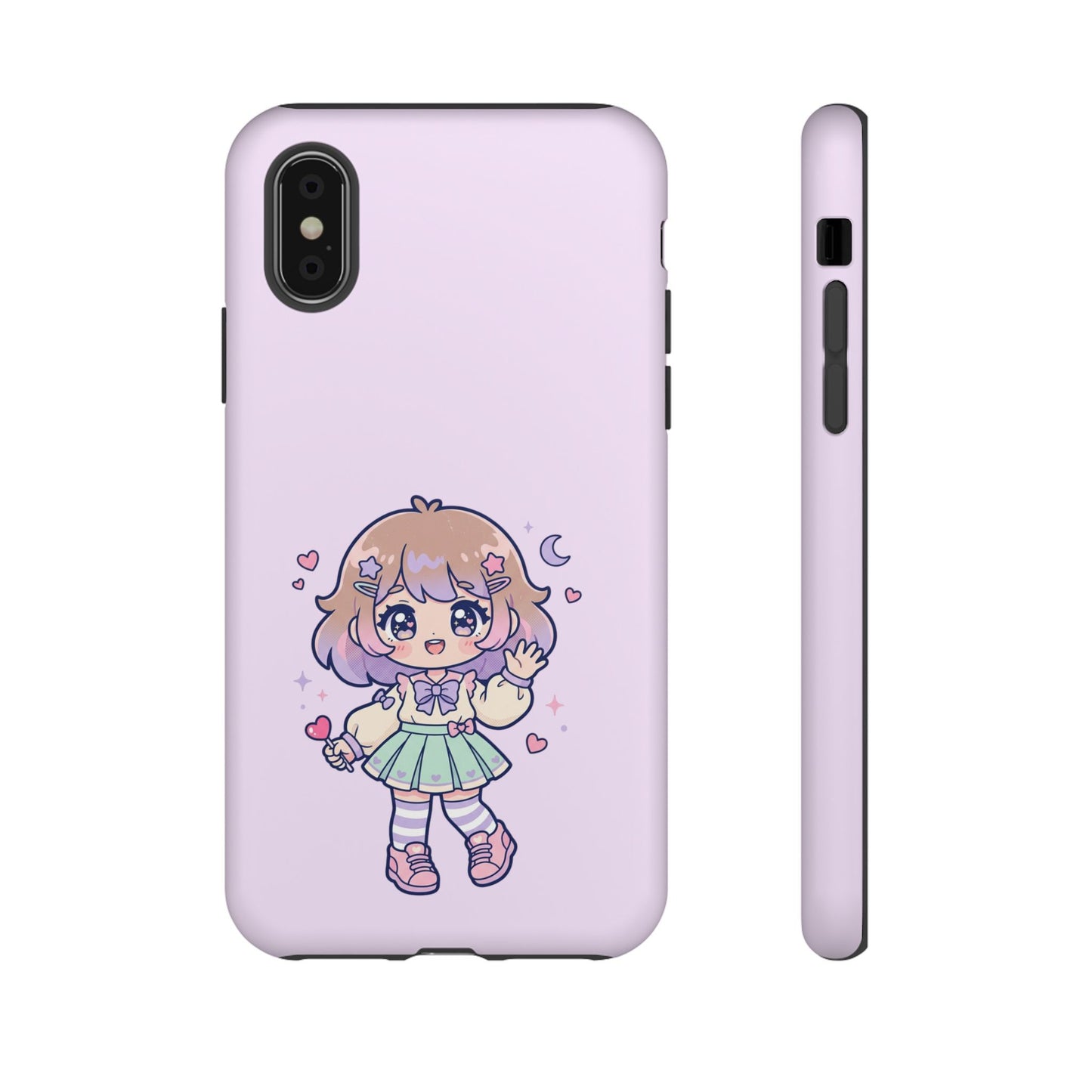 Cute Kawaii Girl Phone Case — Pastel Anime iPhone Cover with Hearts & Moon