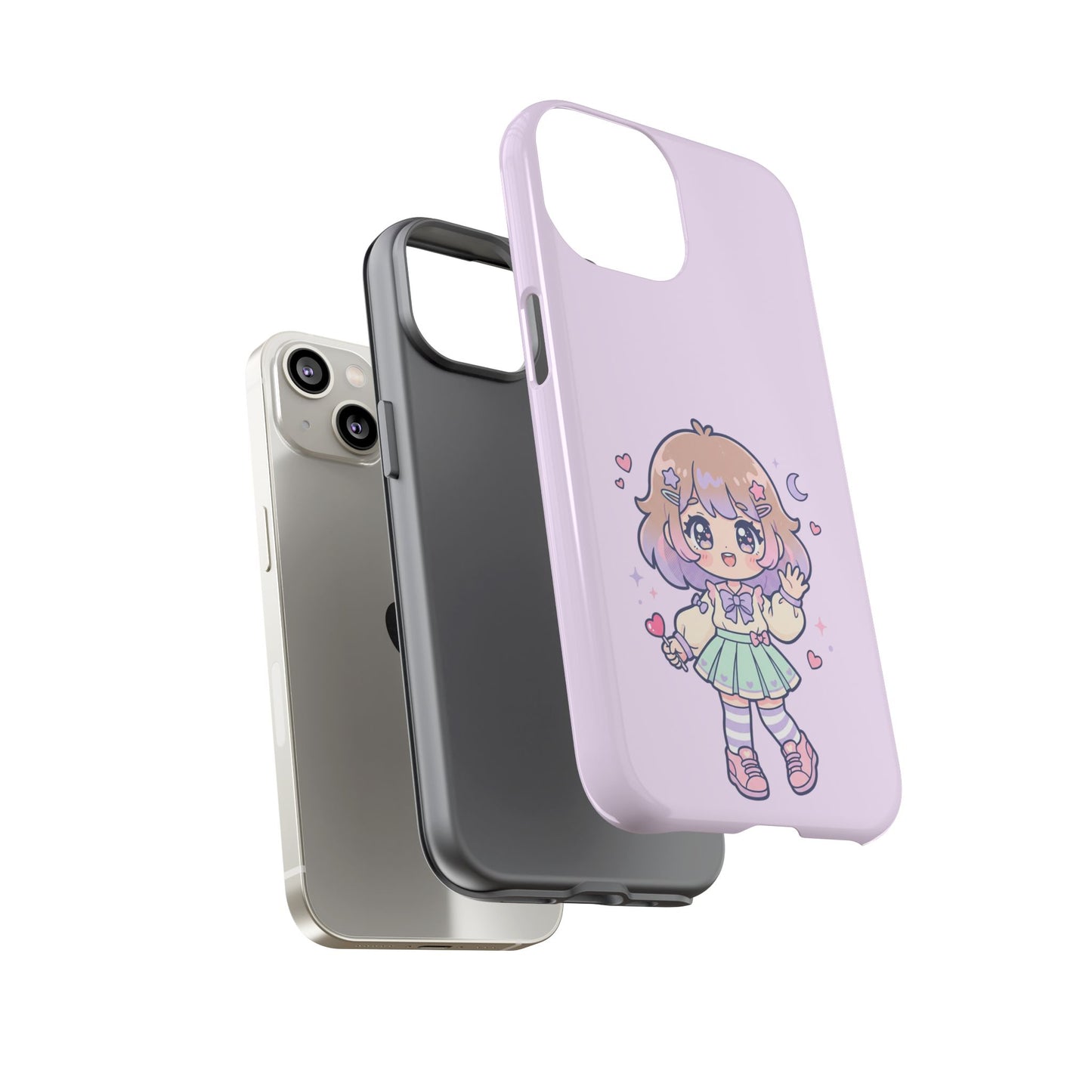 Cute Kawaii Girl Phone Case — Pastel Anime iPhone Cover with Hearts & Moon
