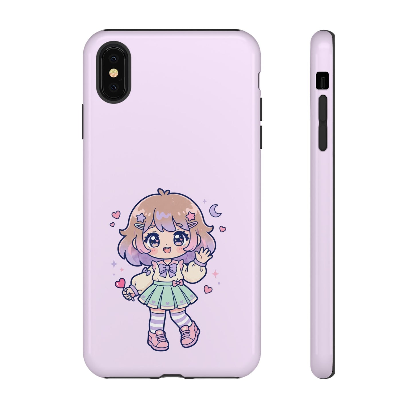 Cute Kawaii Girl Phone Case — Pastel Anime iPhone Cover with Hearts & Moon