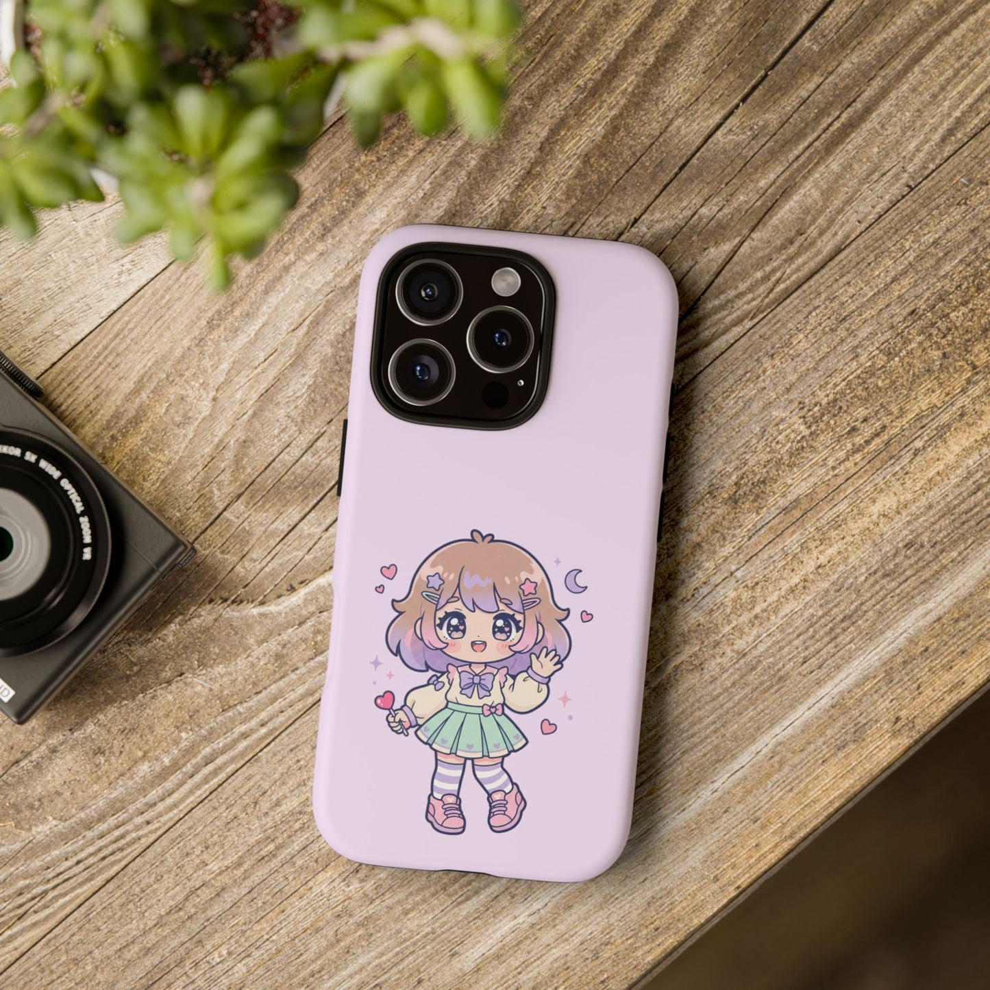 Cute Kawaii Girl Phone Case — Pastel Anime iPhone Cover with Hearts & Moon