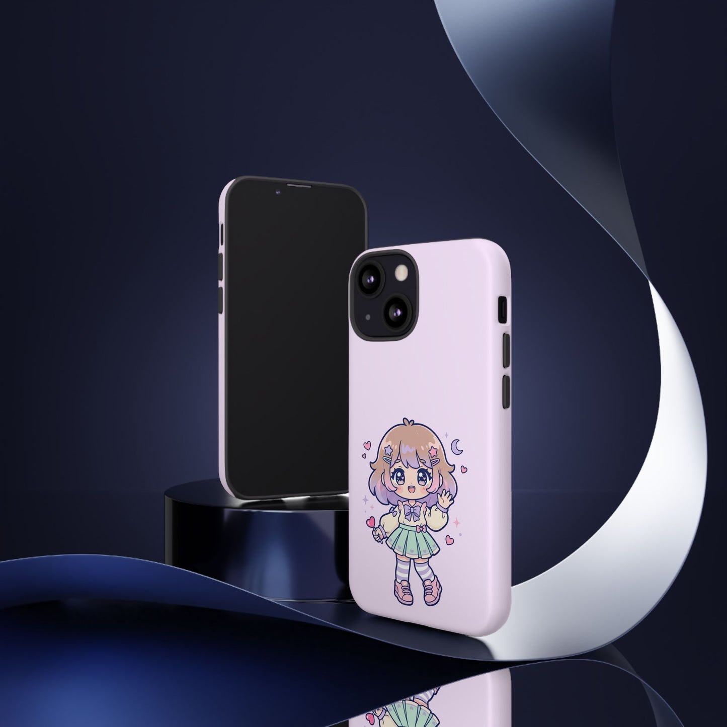 Cute Kawaii Girl Phone Case — Pastel Anime iPhone Cover with Hearts & Moon