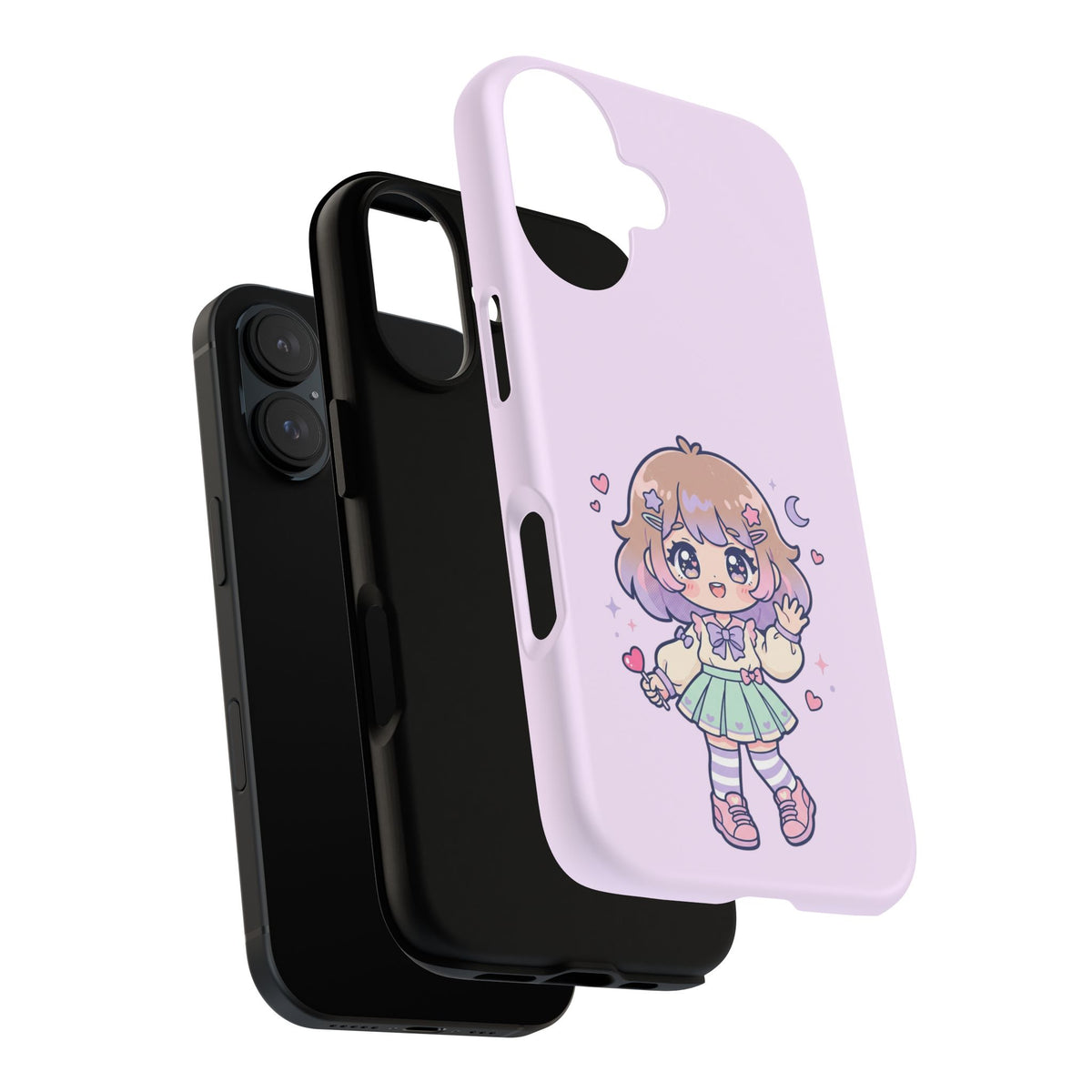 Cute Kawaii Girl Phone Case — Pastel Anime iPhone Cover with Hearts & Moon