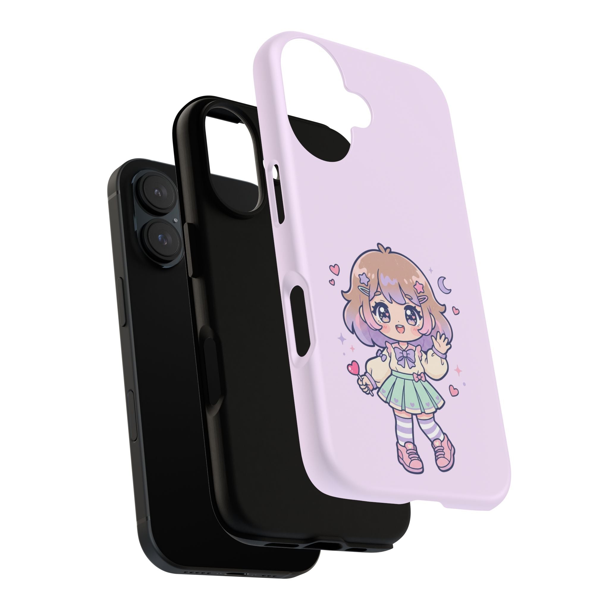 Cute Kawaii Girl Phone Case — Pastel Anime iPhone Cover with Hearts & Moon