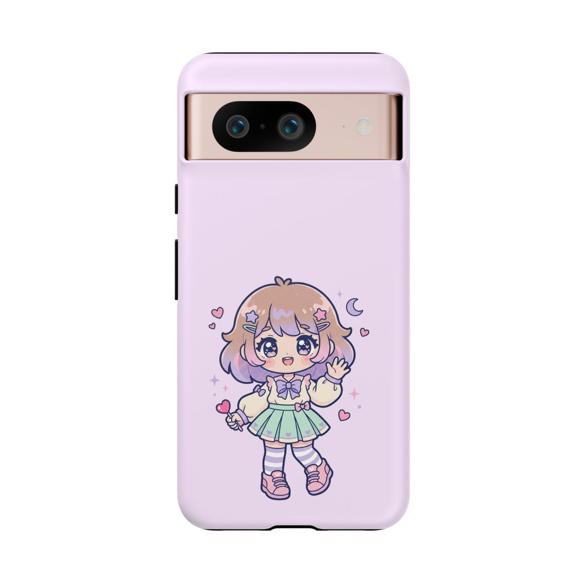 Cute Kawaii Girl Phone Case — Pastel Anime iPhone Cover with Hearts & Moon
