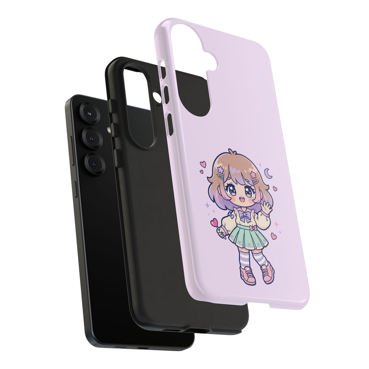 Cute Kawaii Girl Phone Case — Pastel Anime iPhone Cover with Hearts & Moon