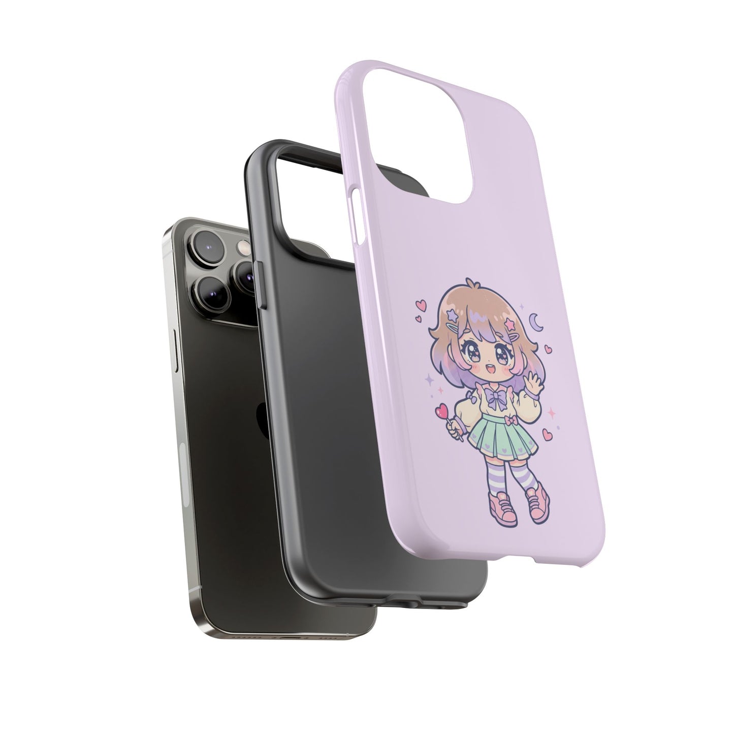 Cute Kawaii Girl Phone Case — Pastel Anime iPhone Cover with Hearts & Moon