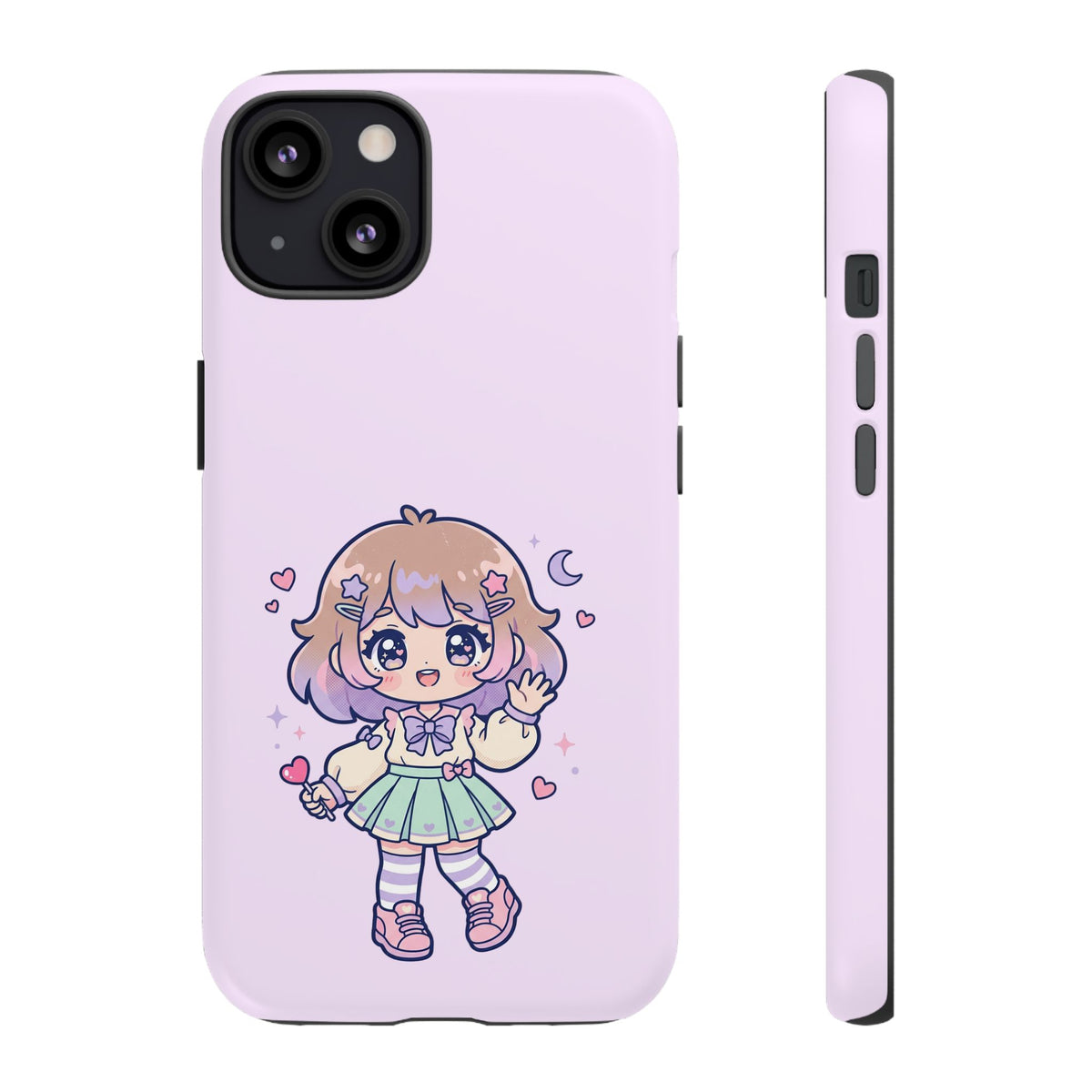 Cute Kawaii Girl Phone Case — Pastel Anime iPhone Cover with Hearts & Moon