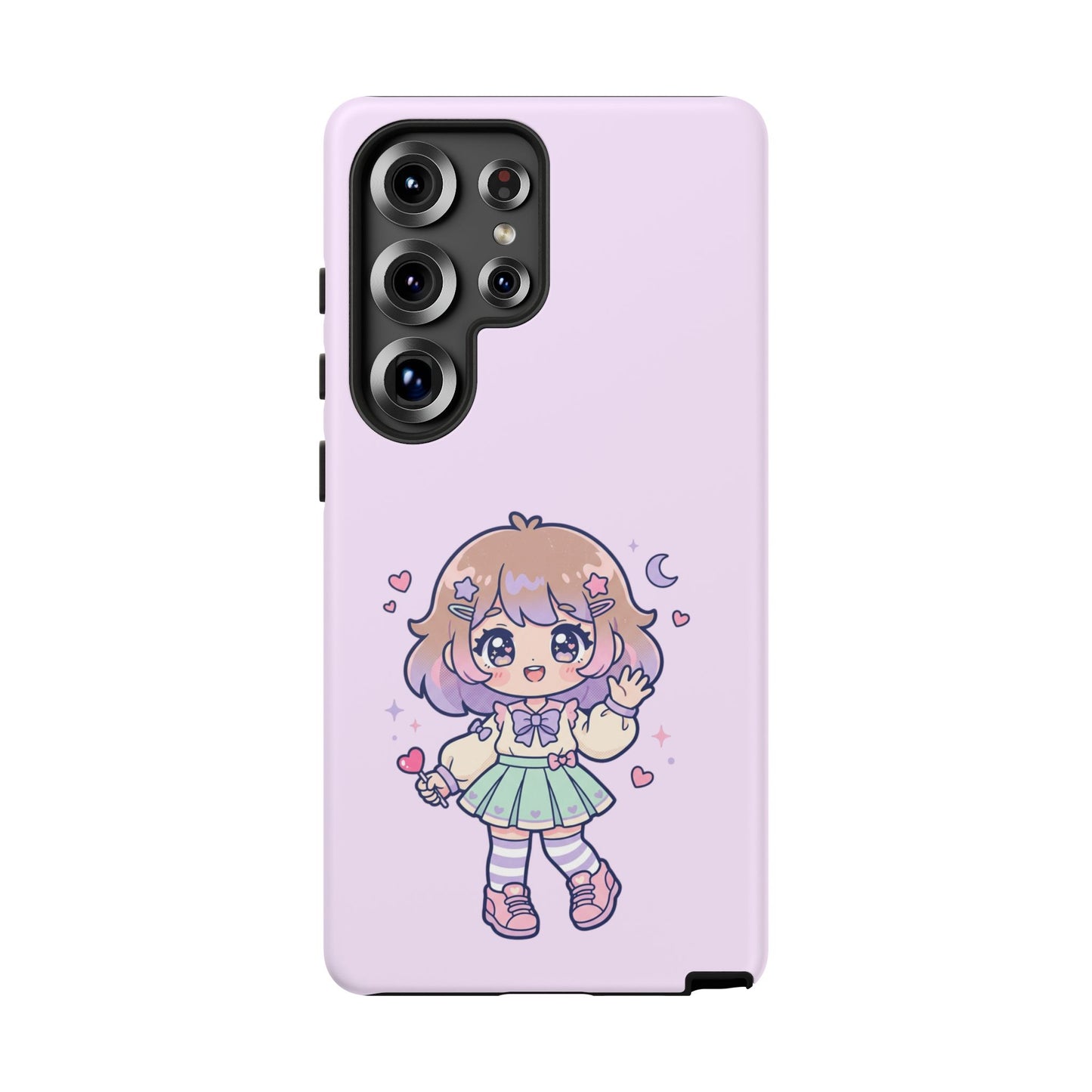 Cute Kawaii Girl Phone Case — Pastel Anime iPhone Cover with Hearts & Moon