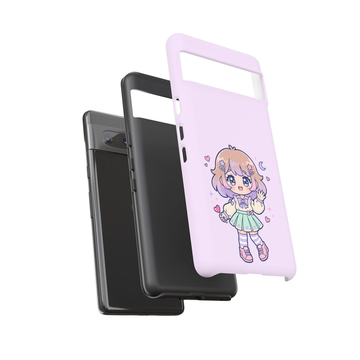 Cute Kawaii Girl Phone Case — Pastel Anime iPhone Cover with Hearts & Moon