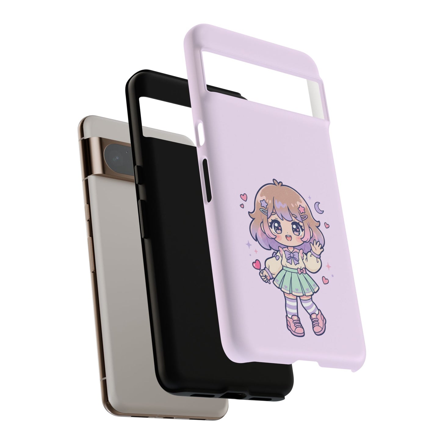 Cute Kawaii Girl Phone Case — Pastel Anime iPhone Cover with Hearts & Moon