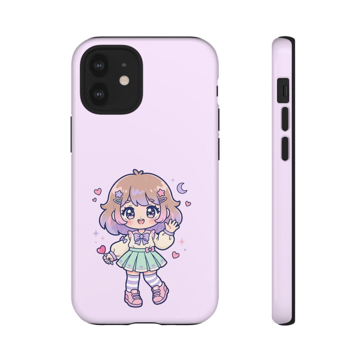 Cute Kawaii Girl Phone Case — Pastel Anime iPhone Cover with Hearts & Moon