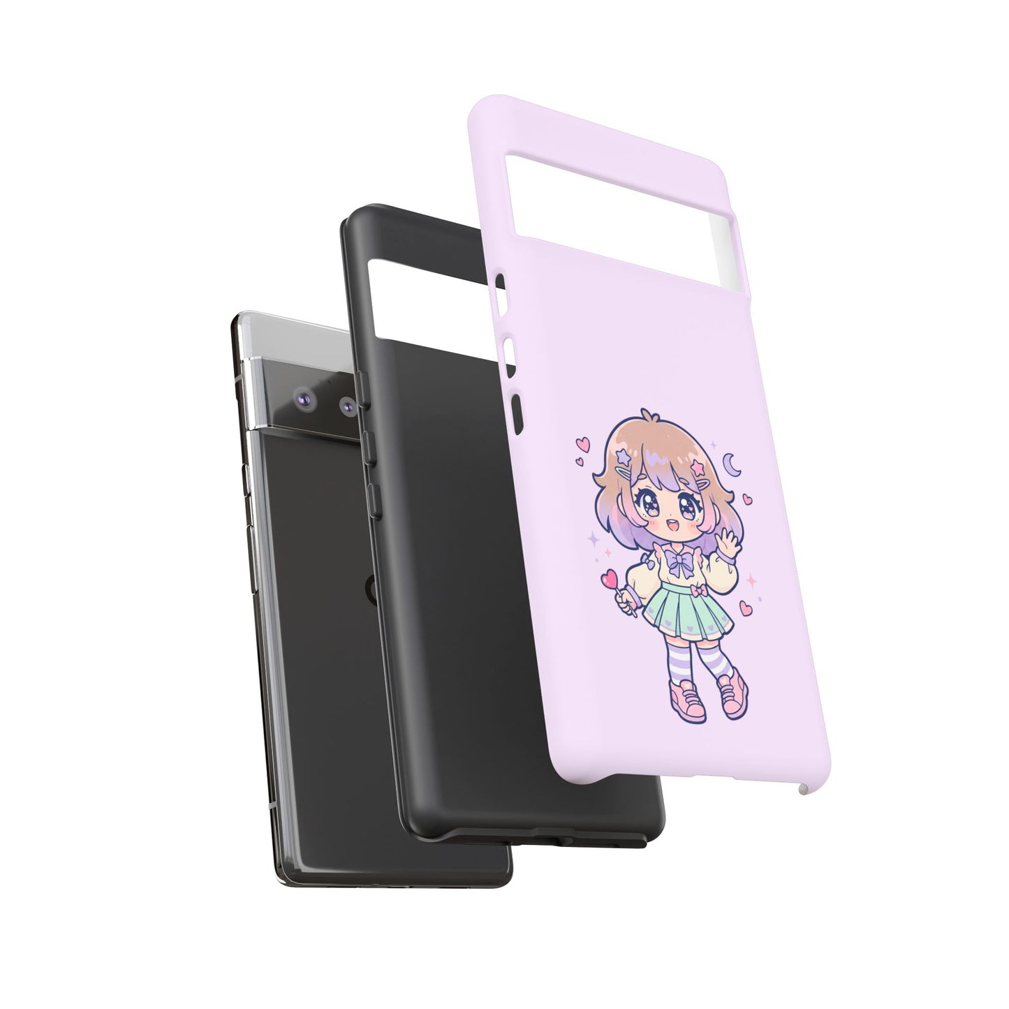 Cute Kawaii Girl Phone Case — Pastel Anime iPhone Cover with Hearts & Moon