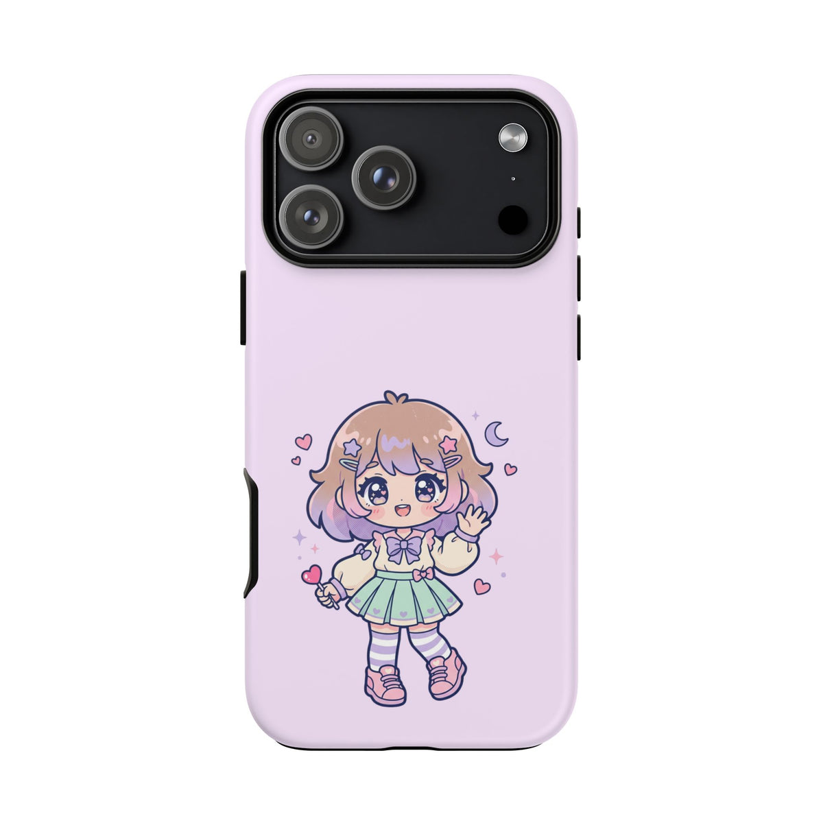 Cute Kawaii Girl Phone Case — Pastel Anime iPhone Cover with Hearts & Moon