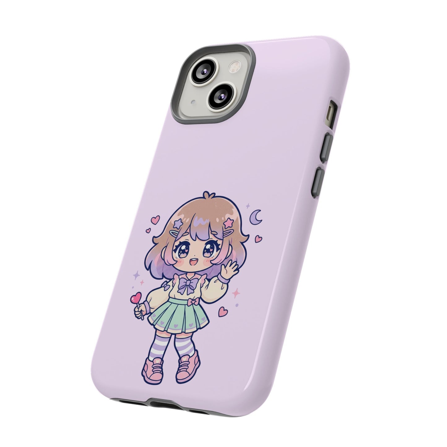 Cute Kawaii Girl Phone Case — Pastel Anime iPhone Cover with Hearts & Moon