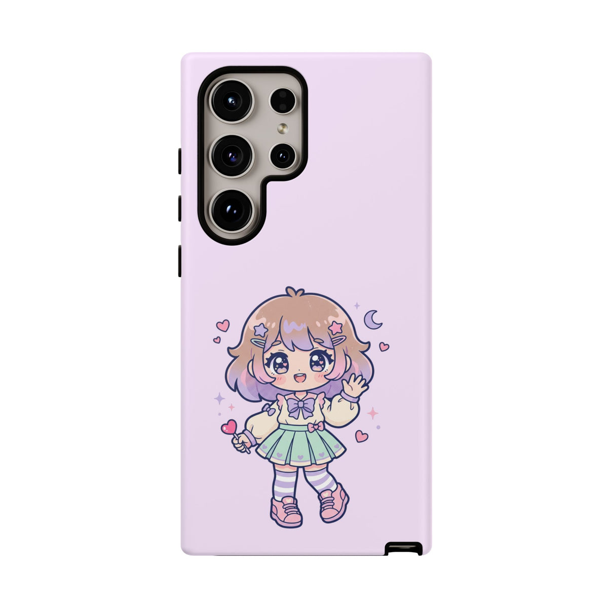 Cute Kawaii Girl Phone Case — Pastel Anime iPhone Cover with Hearts & Moon