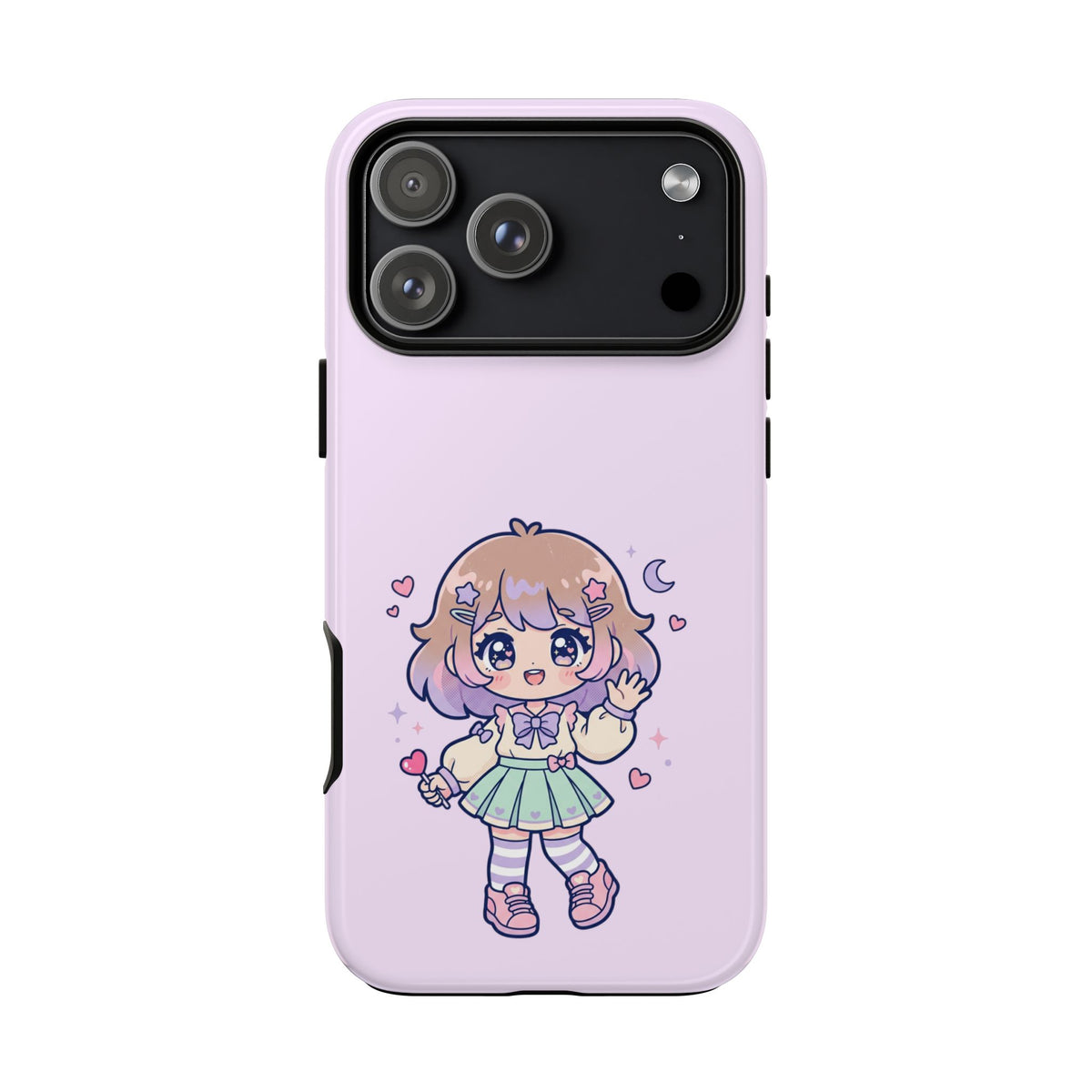 Cute Kawaii Girl Phone Case — Pastel Anime iPhone Cover with Hearts & Moon