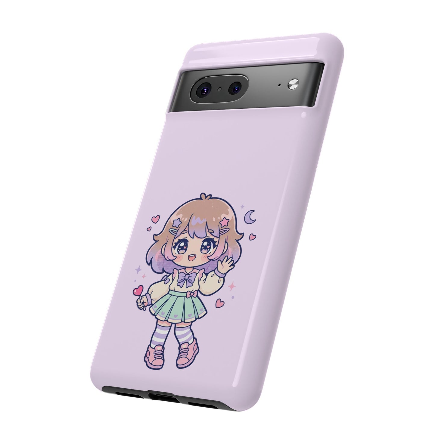Cute Kawaii Girl Phone Case — Pastel Anime iPhone Cover with Hearts & Moon