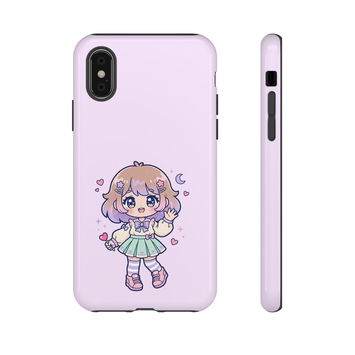 Cute Kawaii Girl Phone Case — Pastel Anime iPhone Cover with Hearts & Moon