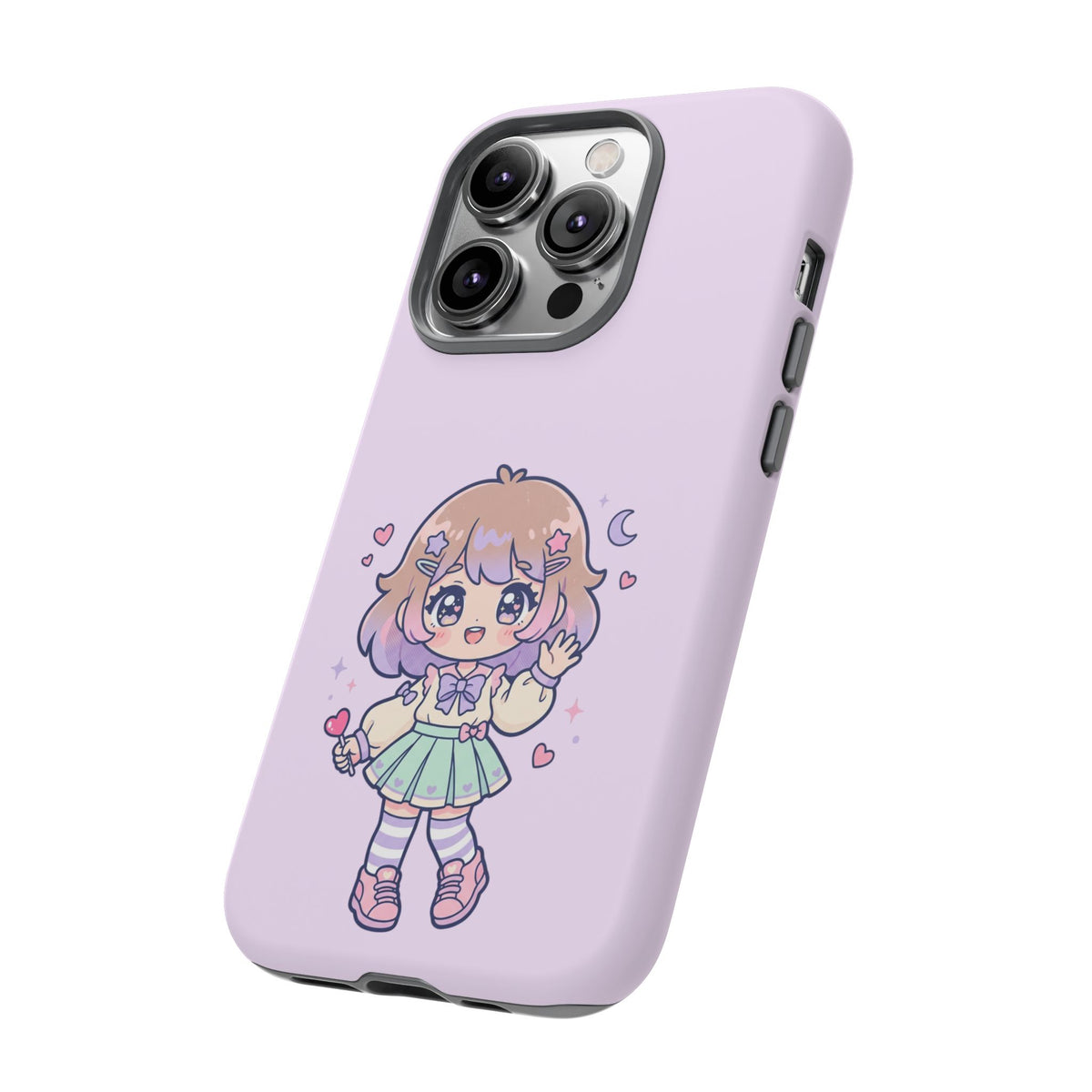 Cute Kawaii Girl Phone Case — Pastel Anime iPhone Cover with Hearts & Moon