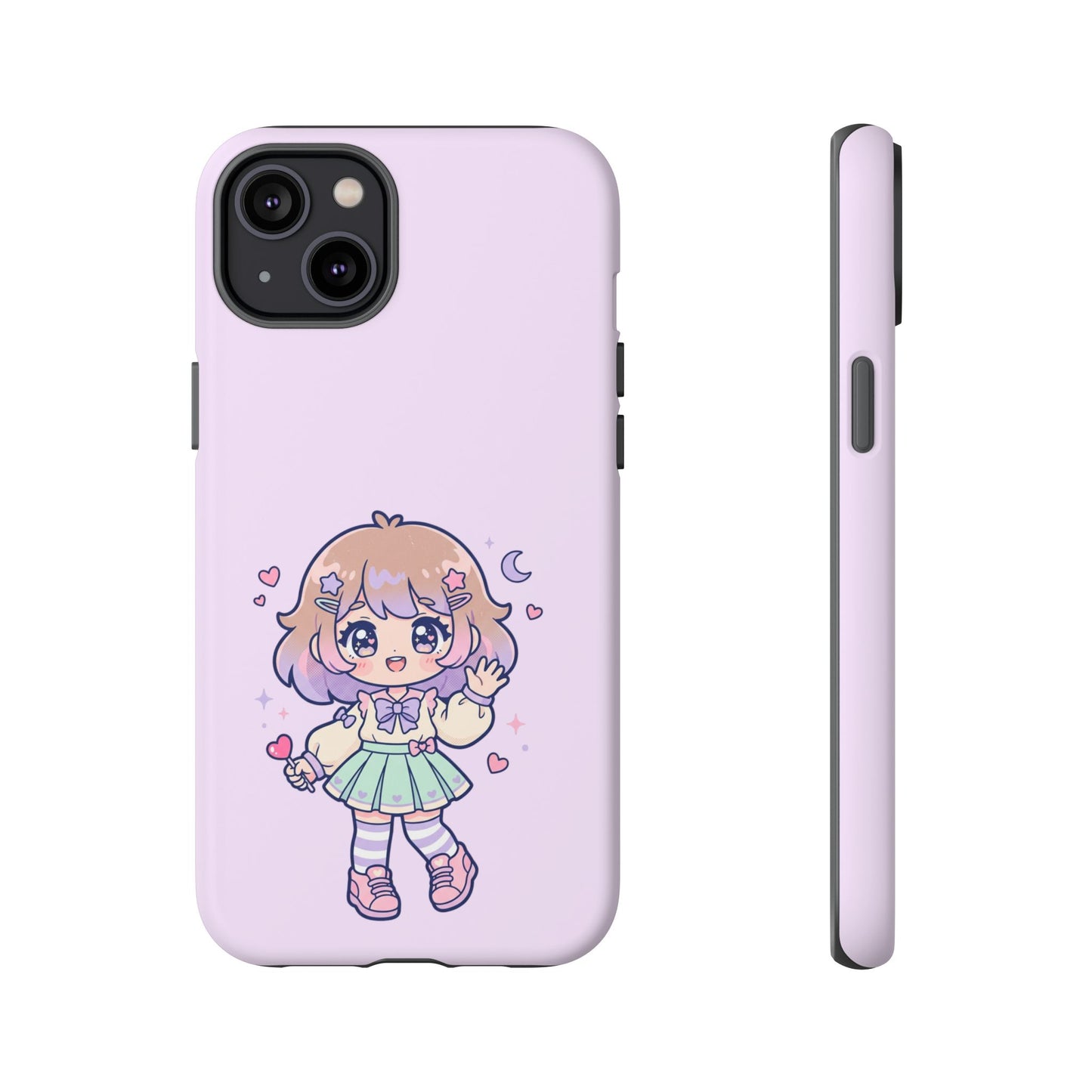 Cute Kawaii Girl Phone Case — Pastel Anime iPhone Cover with Hearts & Moon
