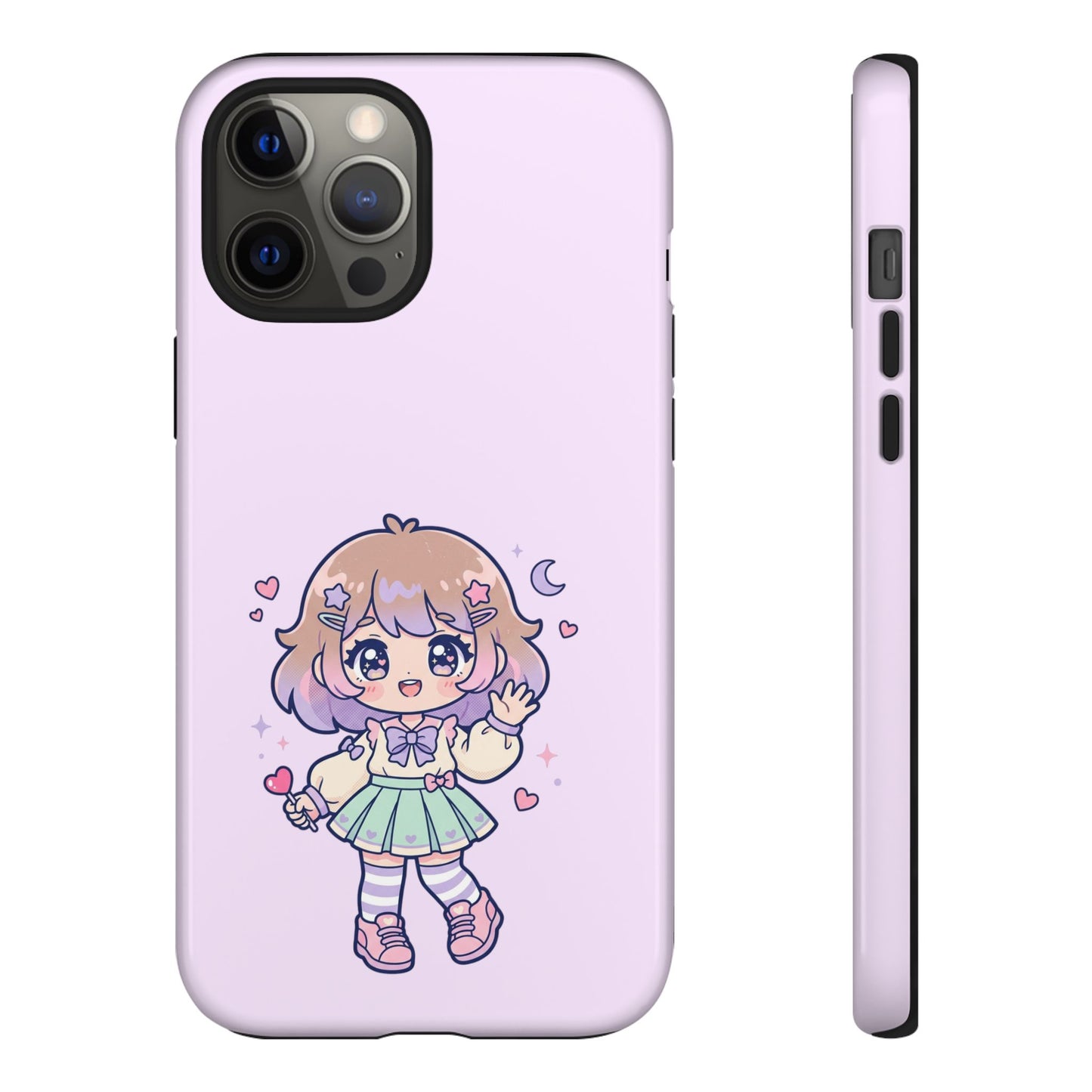 Cute Kawaii Girl Phone Case — Pastel Anime iPhone Cover with Hearts & Moon