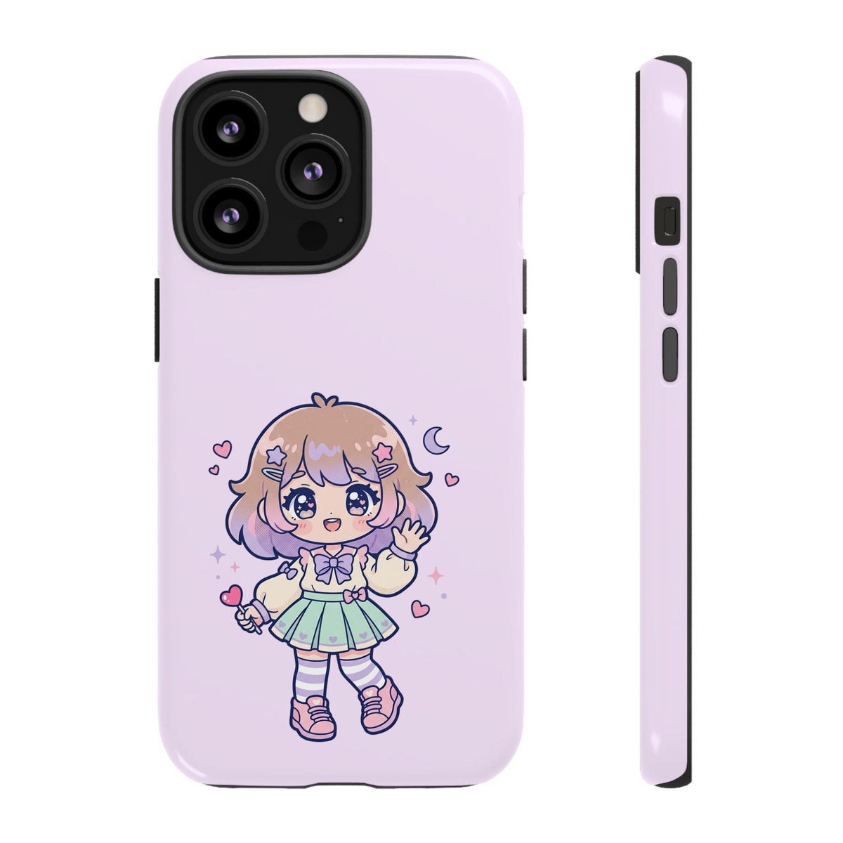 Cute Kawaii Girl Phone Case — Pastel Anime iPhone Cover with Hearts & Moon