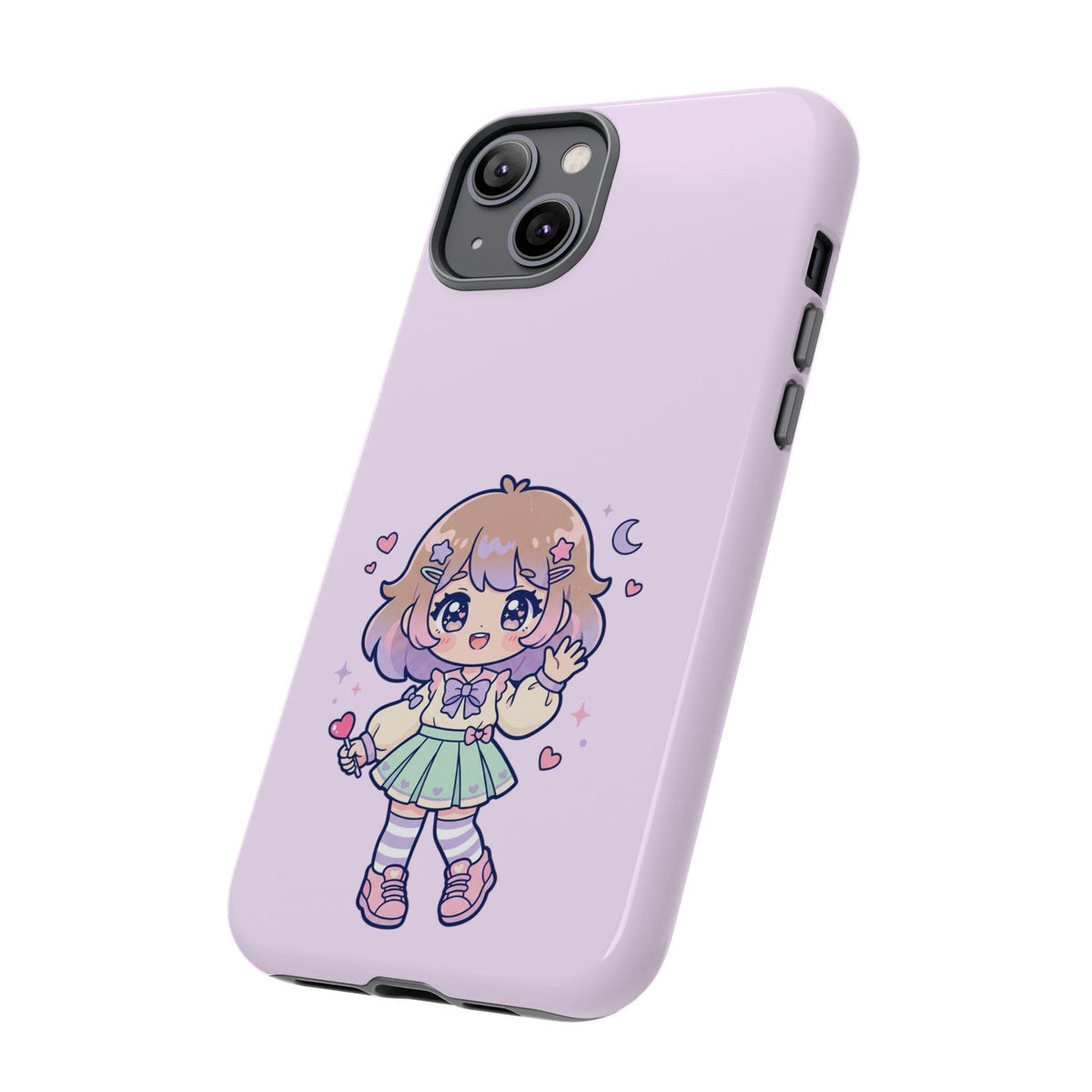 Cute Kawaii Girl Phone Case — Pastel Anime iPhone Cover with Hearts & Moon